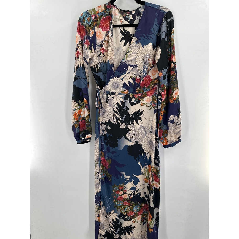 Lulus Put on a Smile Blue Floral Print Satin Wrap Maxi Dress Medium - Picture 4 of 8